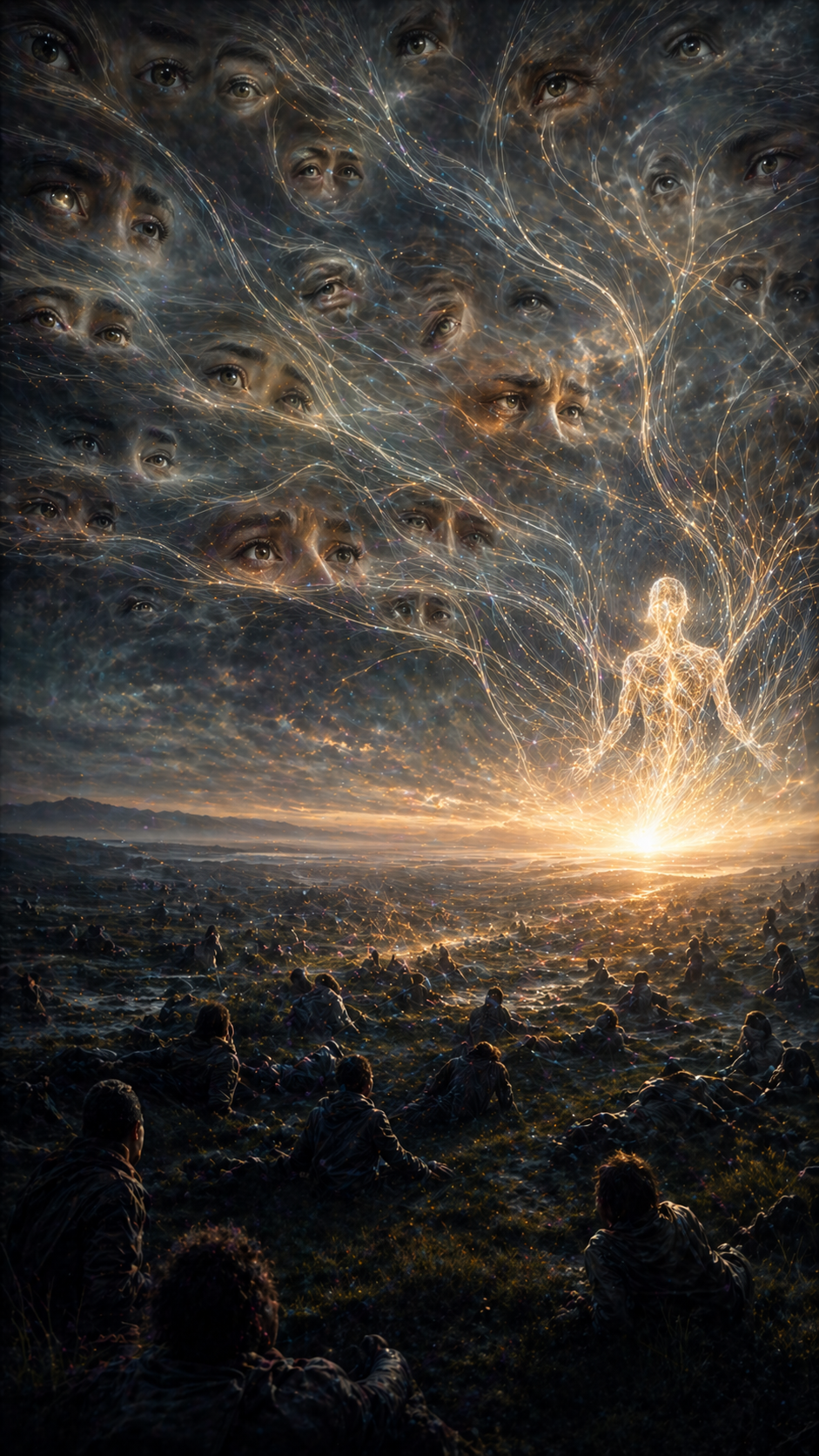 A symbolic resurrection scene with a luminous human figure emerging from layered causal traces