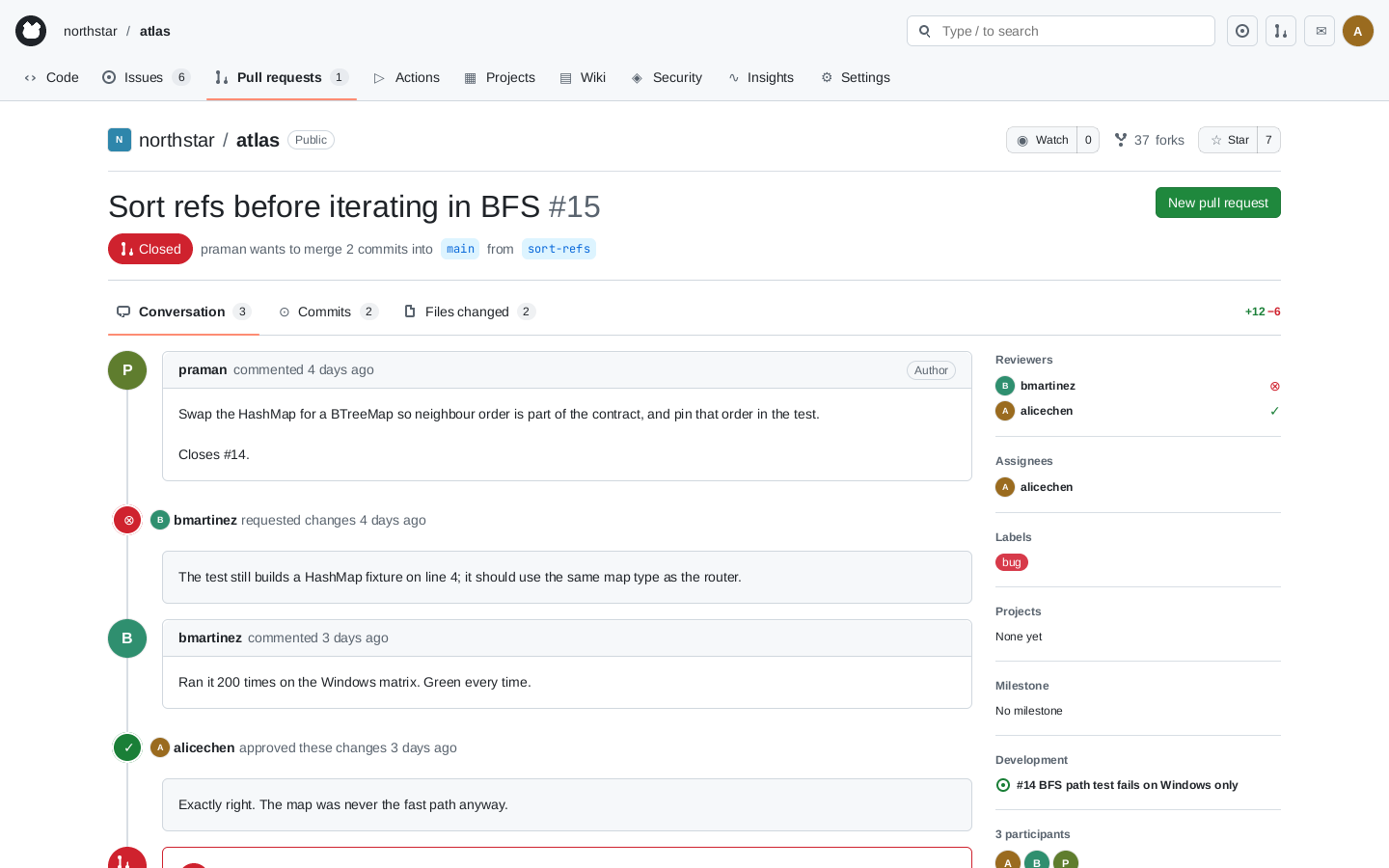 The same pull request closed by the agent, its badge reading Closed and the repository down to one open pull request
