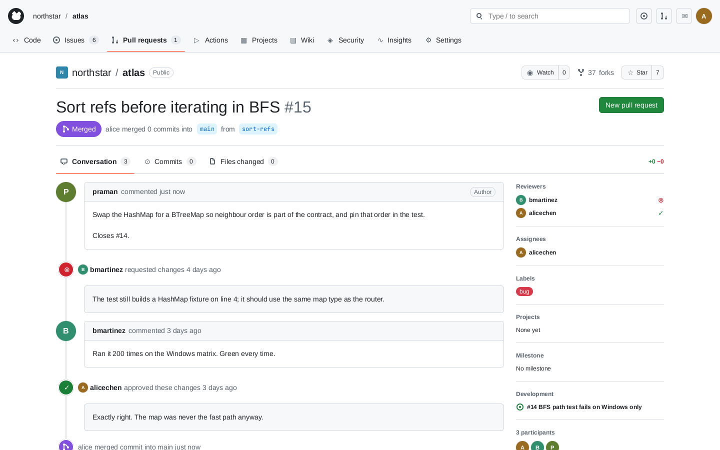 A merged simulated pull request with a review requesting changes still visible
