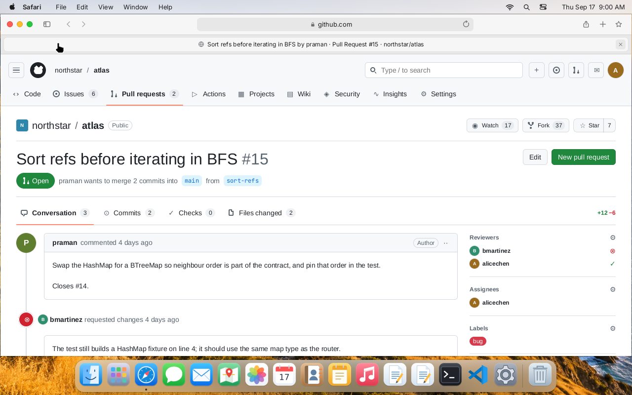 A rendered frame from inside the world: a macOS desktop with the menu bar and dock, and Safari maximized on a GitHub pull request — toolbar and address bar, repository navigation, the pull request title and review conversation, and a sidebar of reviewers, assignees and labels.