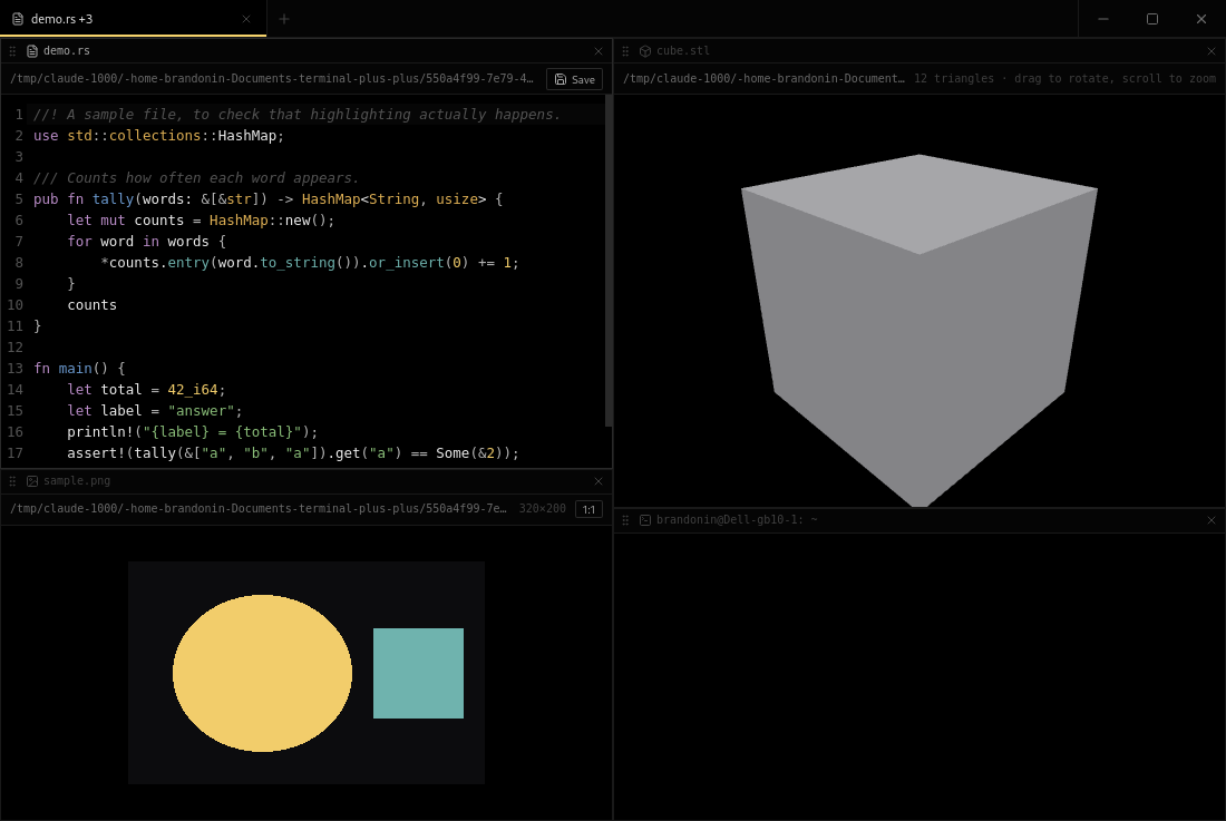 One jterm tab split into four panes: a Rust file with syntax highlighting and a Save button, an STL cube that can be dragged to rotate, a PNG in the image viewer, and a live shell.
